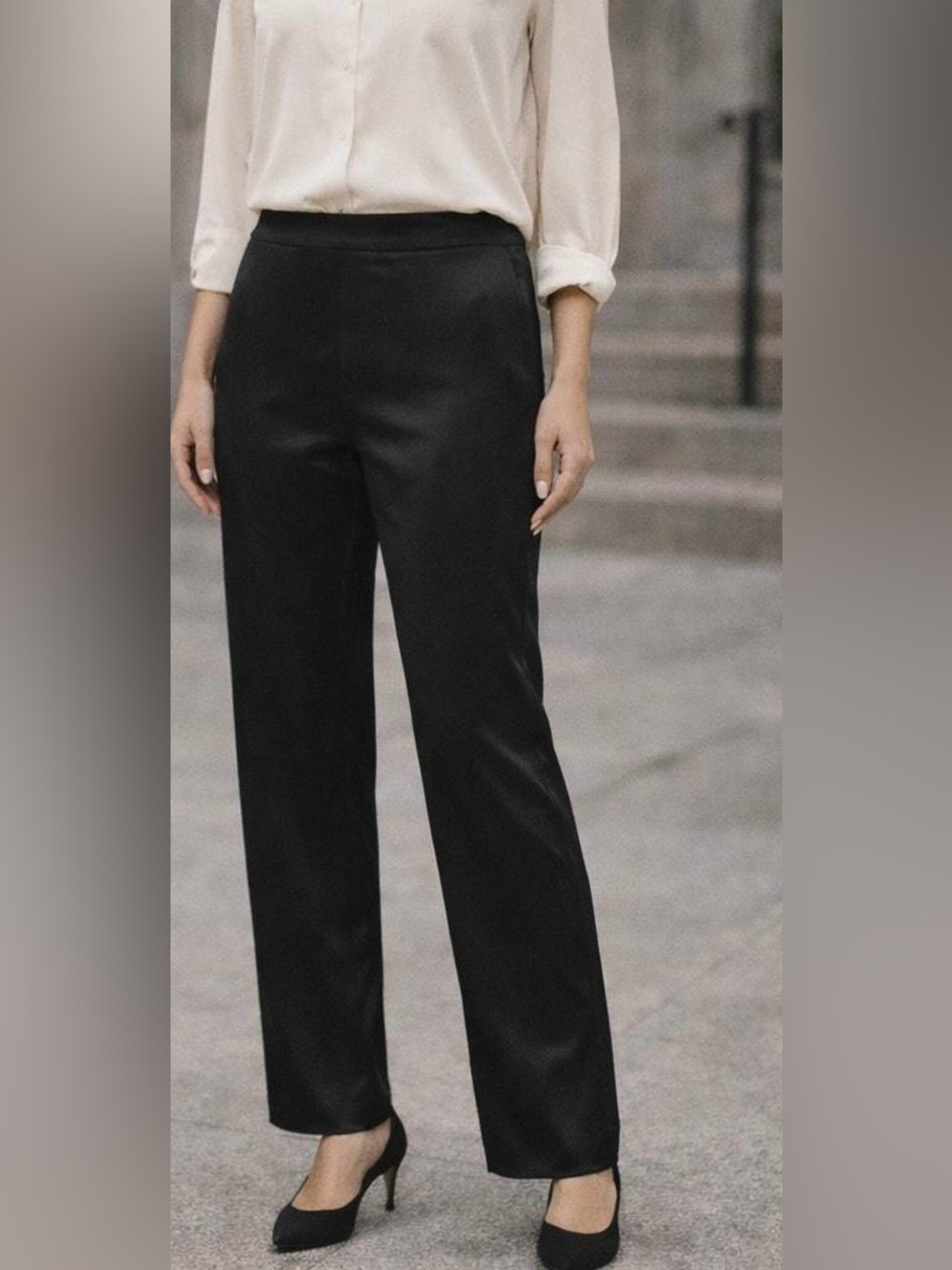 Eileen Fisher Classic Black Satin Straight-Leg Women's Dress Pants